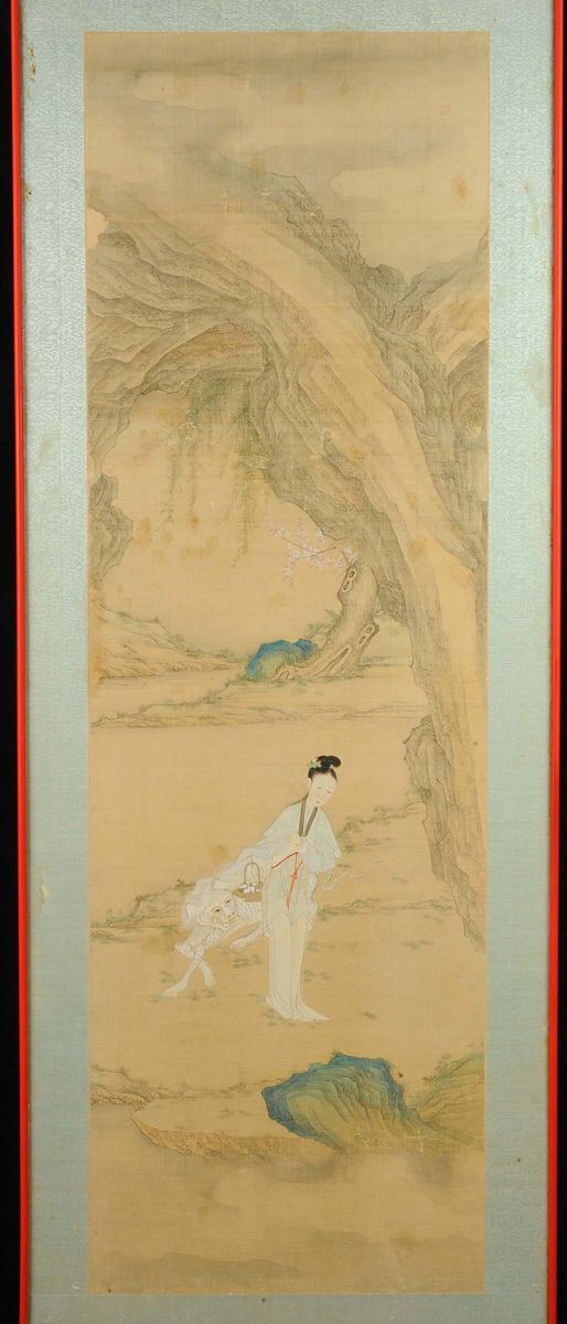 Coppia di pannelli cinesi su seta raffiguranti scene di genere, XIX secolo