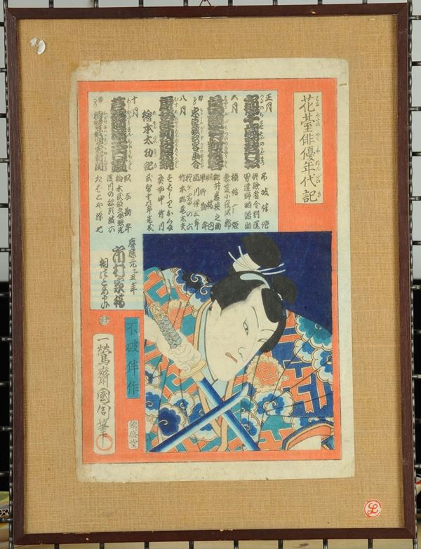 Acquarello giapponese di Tchihosai Kunichika con sigillo 1865