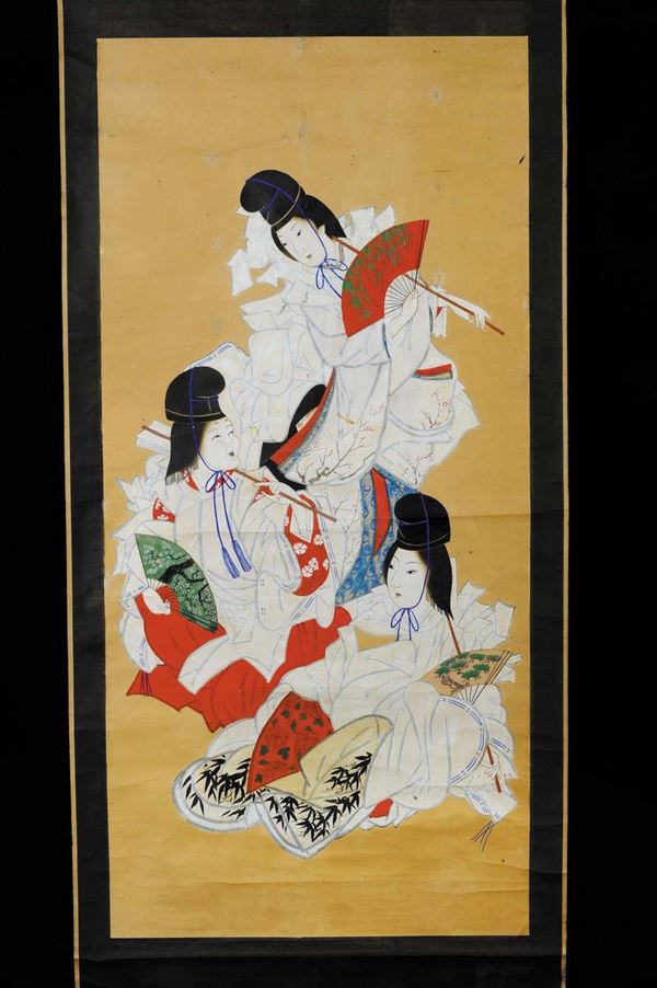 Rotolo su carta con dipinto raffigurante geishe, Giappone