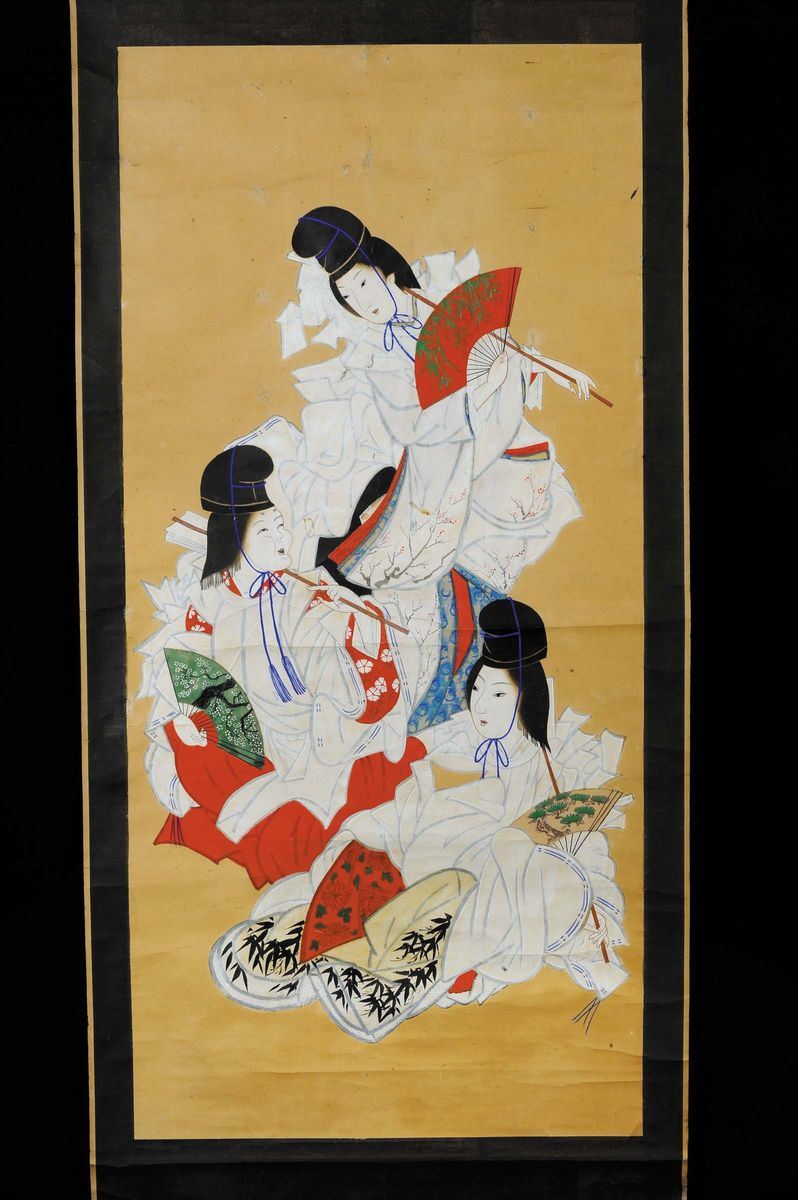 Rotolo su carta con dipinto raffigurante geishe, Giappone  - Auction Oriental Art - Cambi Casa d'Aste