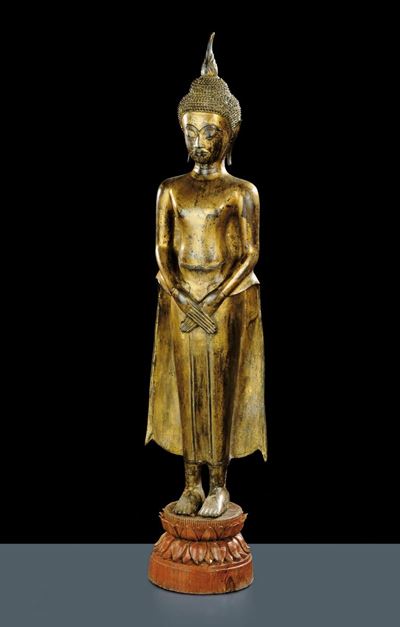 Buddha in Piedi in Bronzo Dorato,tailandia, Copia del XVIII Secolo