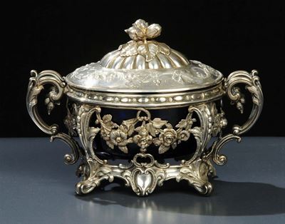 Porta Bon Bon in Argento con Coppa in Vetro Blu, Francia XIX Secolo, Gr. 300 Circa