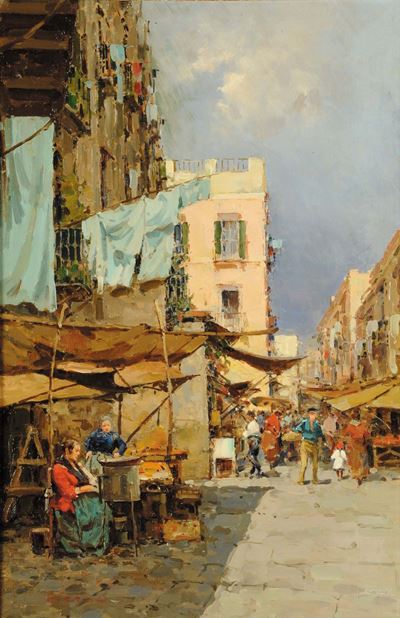 Giuseppe Pitto (1857-1928)strada Paesana con Bancarelle