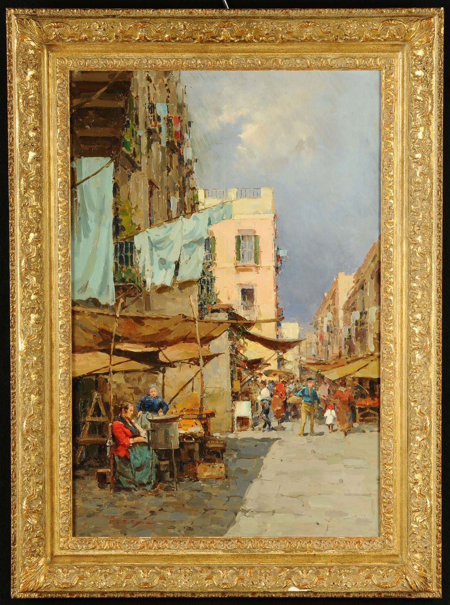 Giuseppe Pitto (1857-1928)strada Paesana con Bancarelle