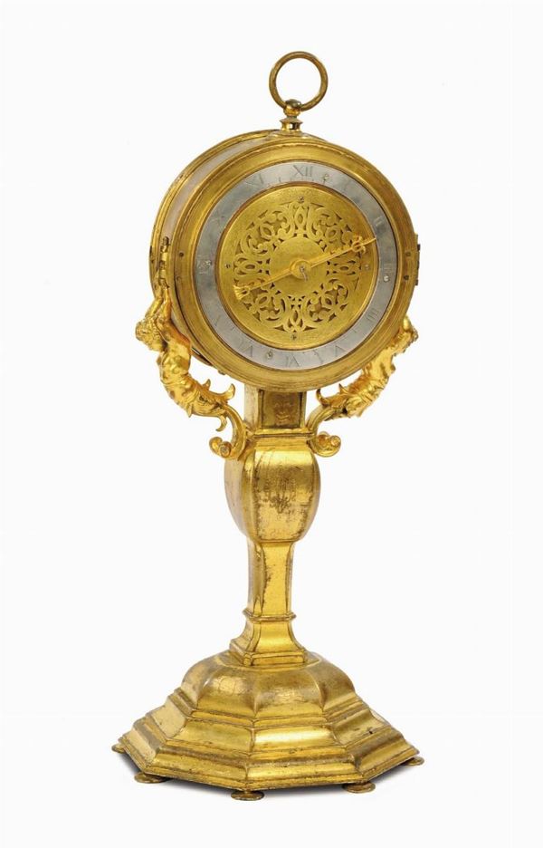 Orologio ostensorio in bronzo e rame inciso, dorato e argentato, Germania 1580-1600