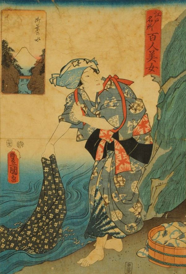 Utagawa Kunisada (1786-1865) Donna al fiume che lava