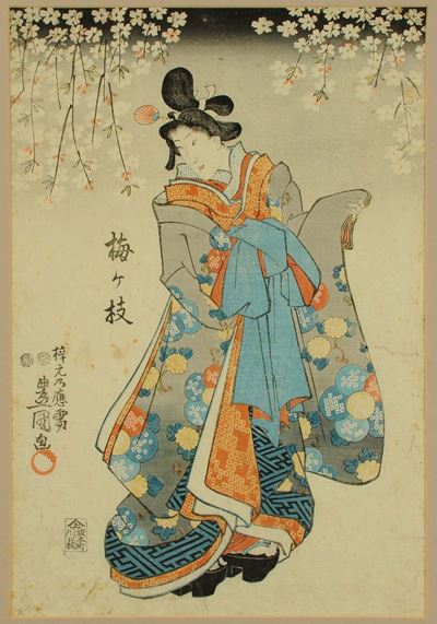 Utagawa Kunisada (1786-1865)figura di Donna tra Fiori di Pesco