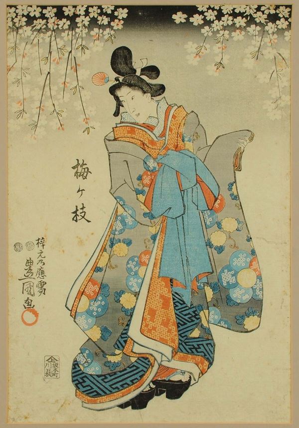 Utagawa Kunisada (1786-1865) Figura di donna tra fiori di pesco