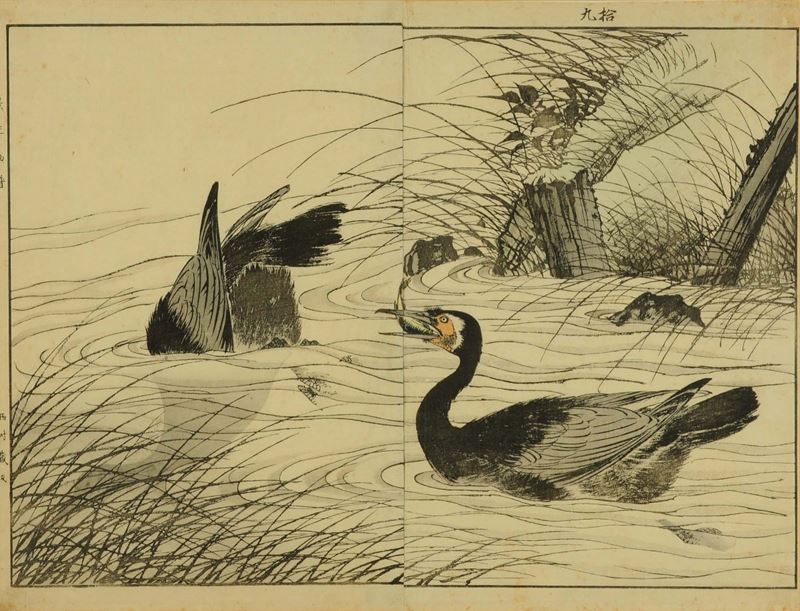 Autore giapponese ignoto Due cormorani che pescano nello stagno  - Asta Arte Orientale - Cambi Casa d'Aste