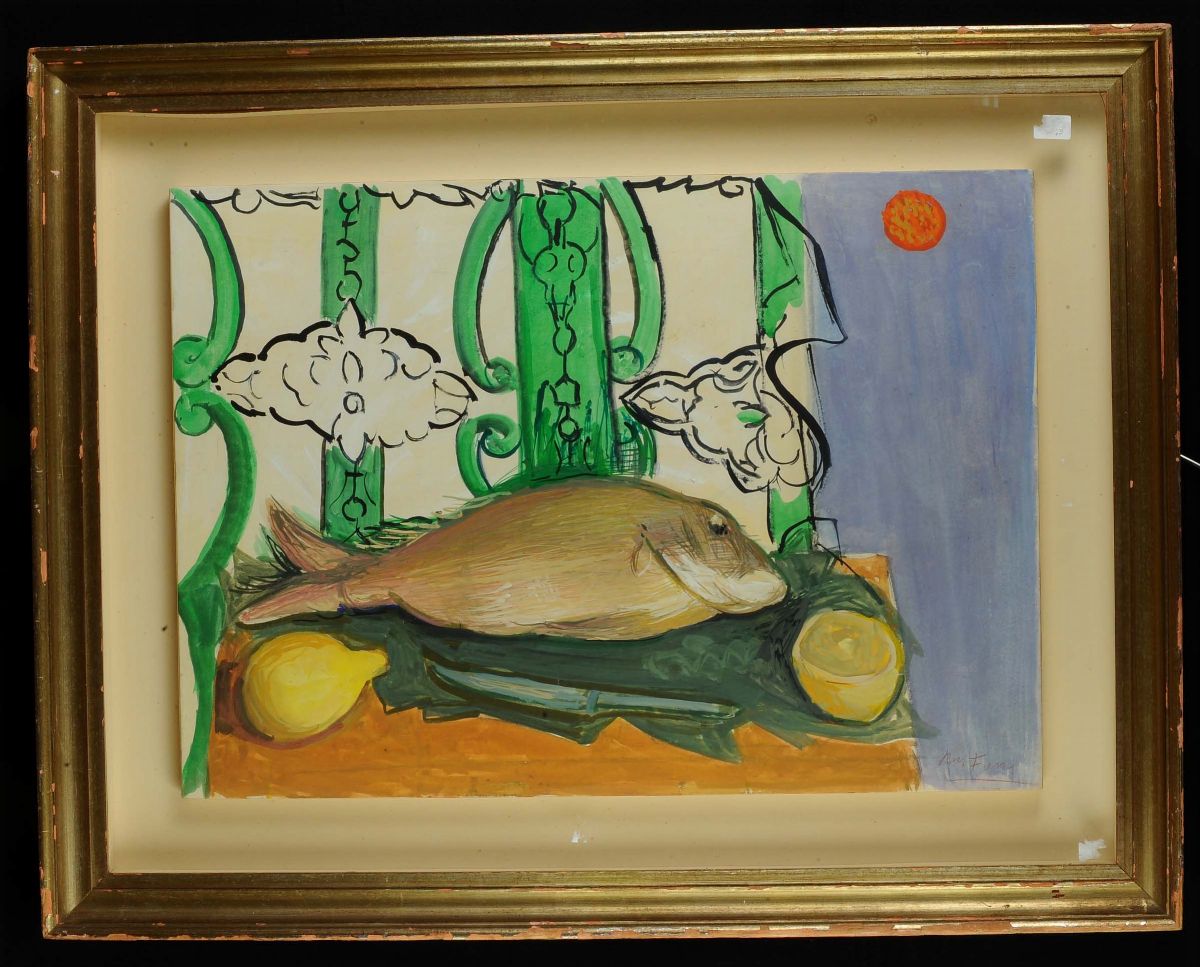 Achille Funi (1890-1972), Attribuito Anatura Morta con Pesce