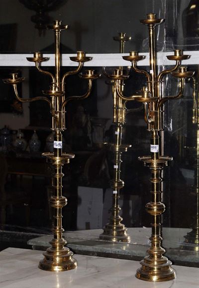 Coppia Candelabri in Metallo Dorato a Sei Luci, Russia XIX Secolo