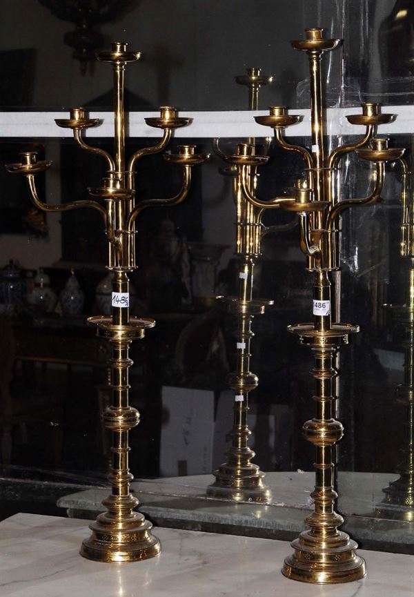 Coppia candelabri in metallo dorato a sei luci, Russia XIX secolo