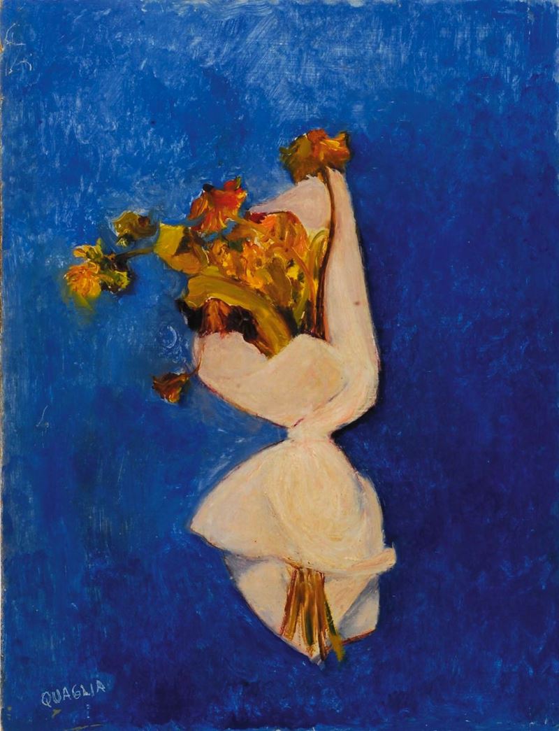 Carlo Quaglia (1903-1970) Fiori nella carta fondo blu  - Asta Carlo Quaglia, un'antologia dell'opera - I - Cambi Casa d'Aste