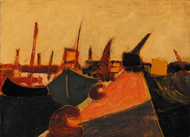 Carlo Quaglia (1903-1970) Fiumicino, barche al molo, 1950  - Asta Carlo Quaglia, un'antologia dell'opera - I - Cambi Casa d'Aste