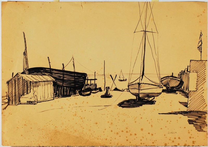 Carlo Quaglia (1903-1970) Liguria, spiaggia, 1952  - Auction Carlo Quaglia, an anthology of the work - I - Cambi Casa d'Aste