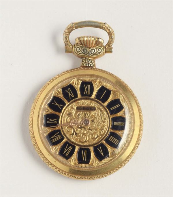 Orologio da tasca con cassa in oro, 10 rubini, movimento a cilindro, stemma sul retro. Fine XIX secolo