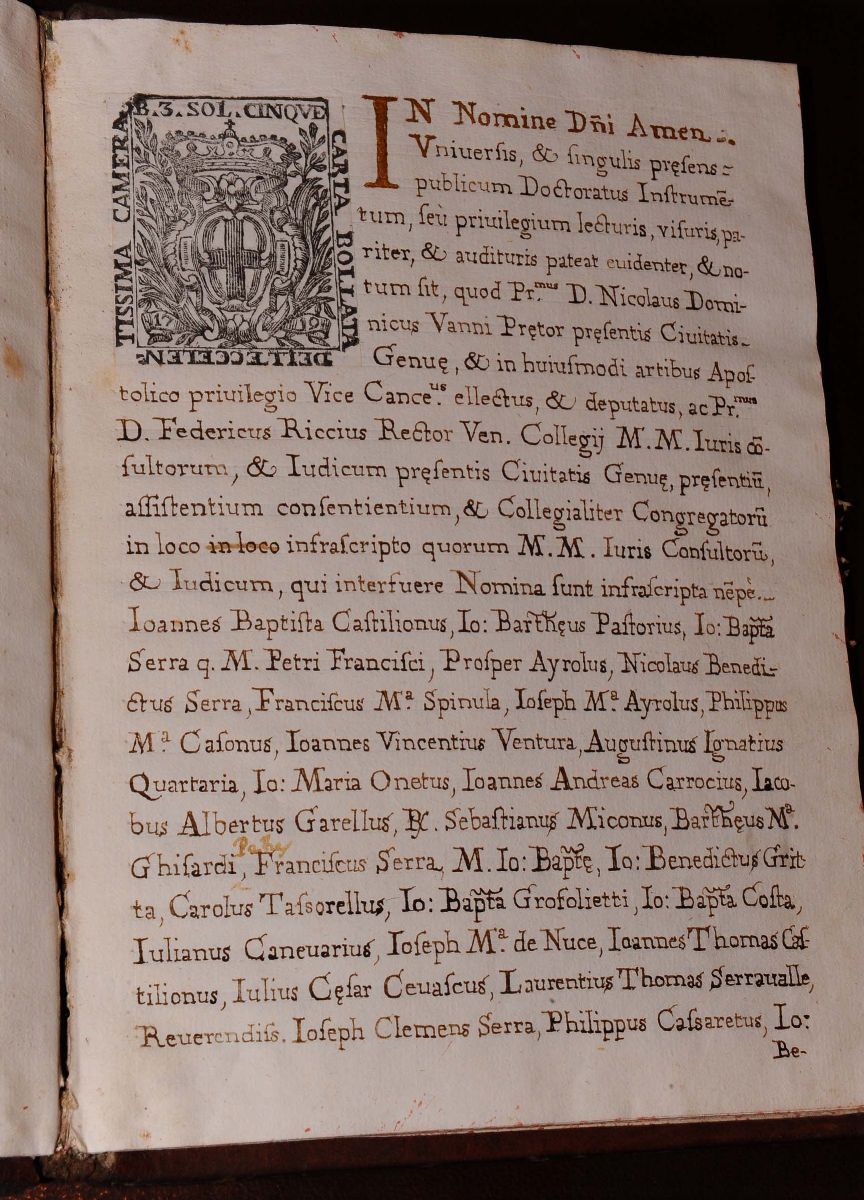 Manoscritti del Secolo Xviiidiploma di Laurea Rilasciato a Giovanni Battista De Rubeis di Albenga...