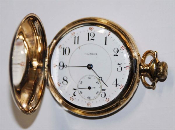 Orologio Ilinois da tasca Savonette con cassa laminata in oro, 1870 circa