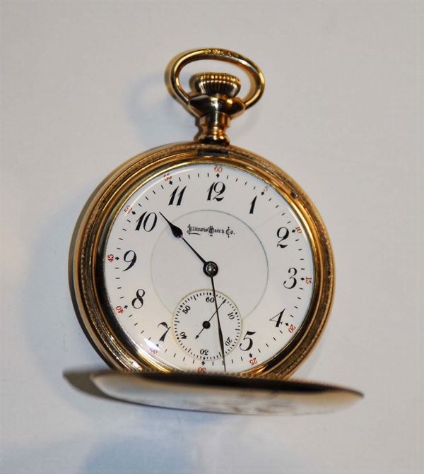Orologio Ilinois da tasca Savonette con cassa laminata in oro,1870 circa