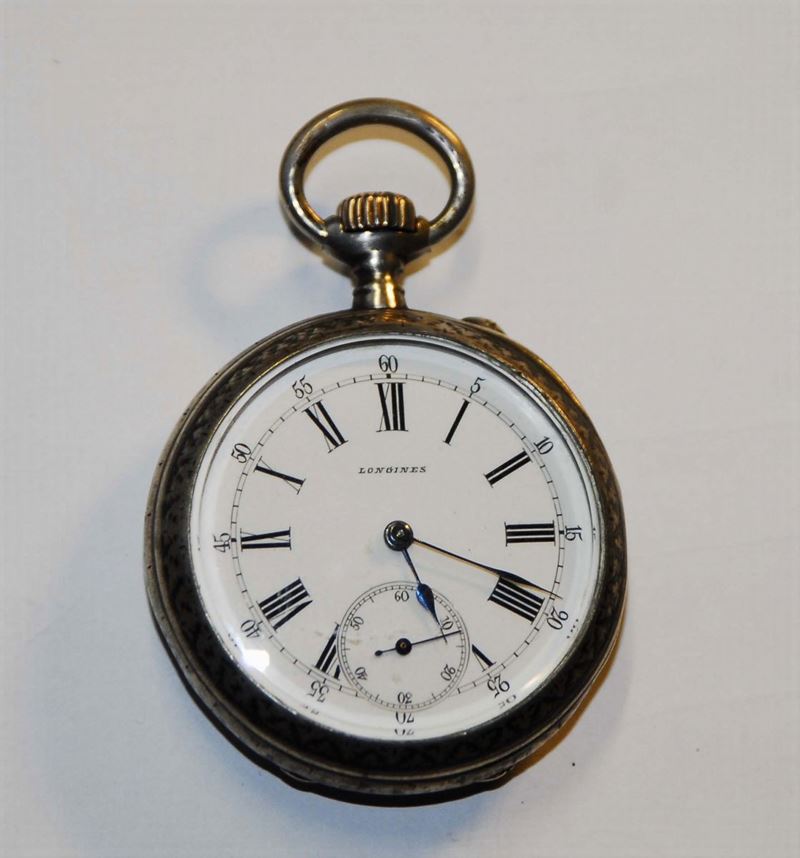 Orologio Longines da tasca Lepine con cassa in argento niellata, 1890 circa  - Asta Pendoleria e Orologid'Arredo - Cambi Casa d'Aste