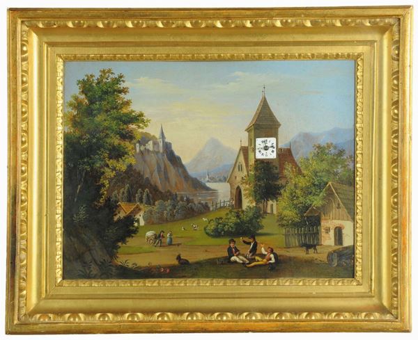 Orologio a quadro raffigurante paesaggio ad olio su rame con veduta di montagna, Austria XIX secolo