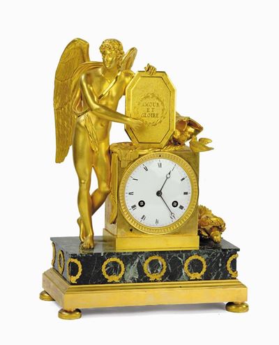 Orologio Impero in Bronzo Dorato con Base in Verde Antico, Rieusec a Paris Francia XIX Secolo