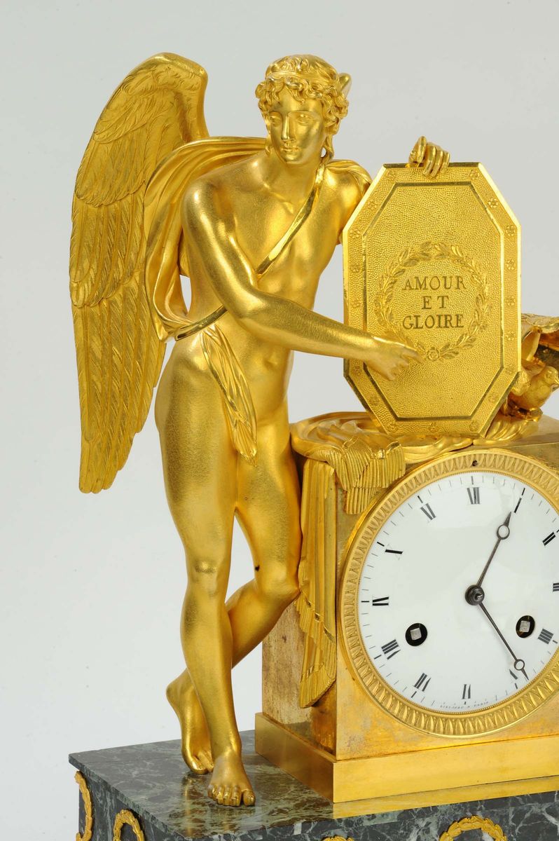 Orologio Impero in Bronzo Dorato con Base in Verde Antico, Rieusec a Paris Francia XIX Secolo