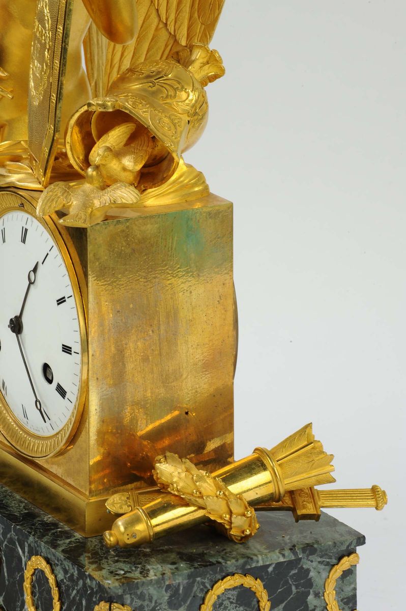 Orologio Impero in Bronzo Dorato con Base in Verde Antico, Rieusec a Paris Francia XIX Secolo