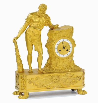 Orologio Impero in Bronzo Dorato Raffigurante Ercole con Clava