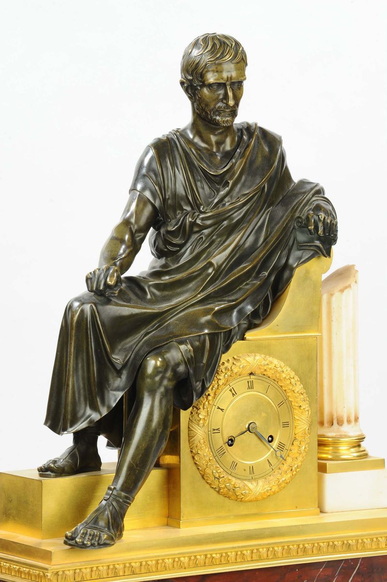 Orologio in Bronzo Dorato con Figura Sedente Ispirata al Bruto dei Musei Capitolini di Roma, Fran...
