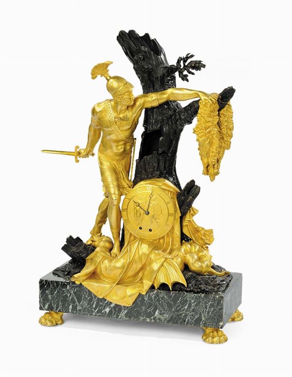 Orologio in bronzo dorato e brunito con il mito di Giasone e il Vello d’oro, Francia inizio XIX secolo
