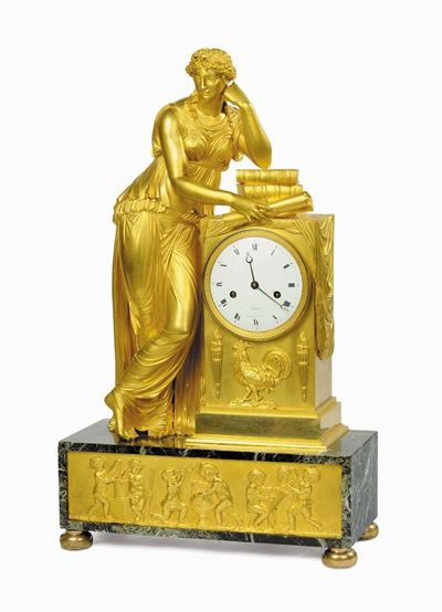 Orologio in Bronzo Dorato e Cesellato Raffigurante Allegoria dello Studio e delle Arti, Pierre-ba...