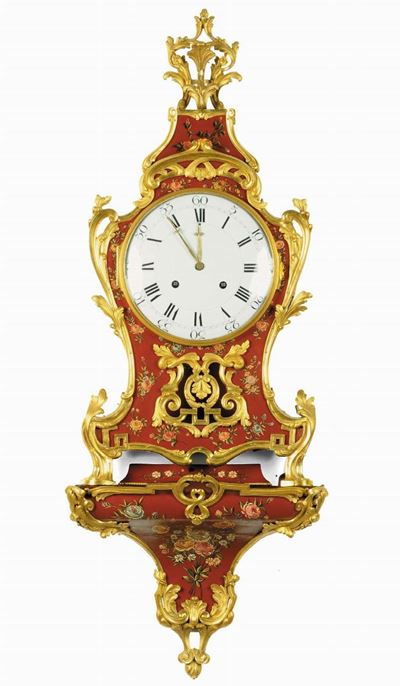 Orologio Cartel da Parete Laccato e Dipinto a Fondo Rosso, Francia XVIII Secolo