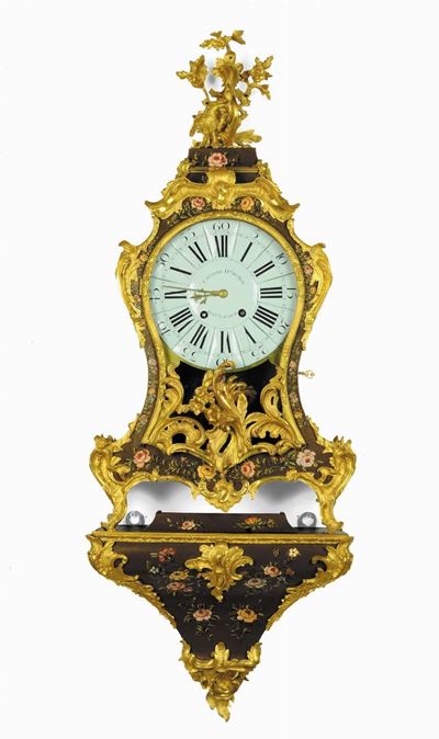 Orologio Cartel da Parete Laccato e Dipinto, Causard, XVIII Secolo