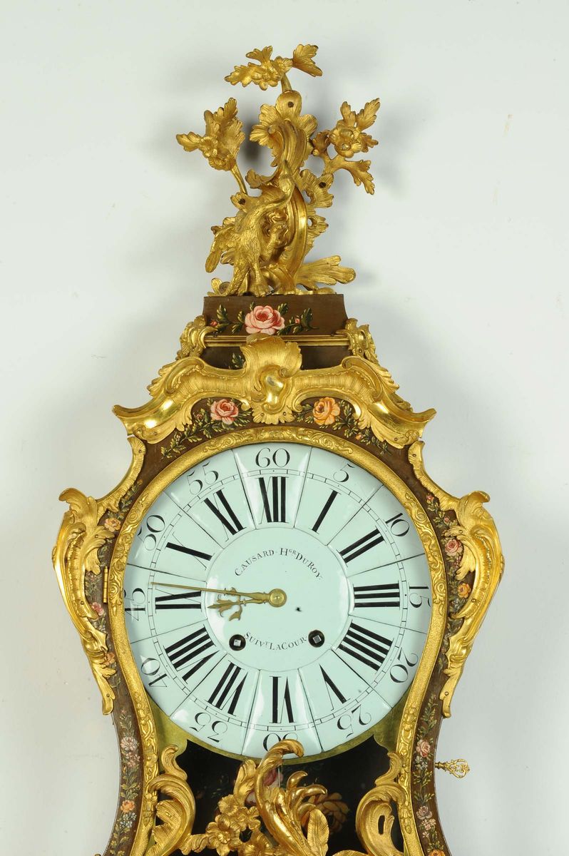 Orologio Cartel da Parete Laccato e Dipinto, Causard, XVIII Secolo