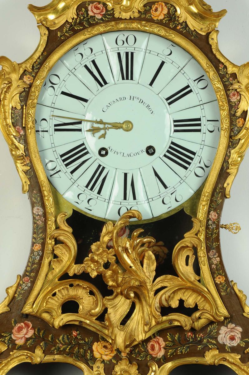 Orologio Cartel da Parete Laccato e Dipinto, Causard, XVIII Secolo