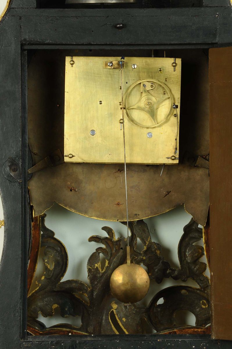 Orologio Cartel da Parete Laccato e Dipinto, Causard, XVIII Secolo