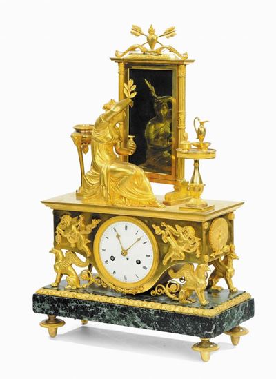 Orologio Direttorio in Bronzo Dorato con Toeletta di Psiche con Base in Verde Antico, Francia Ini...