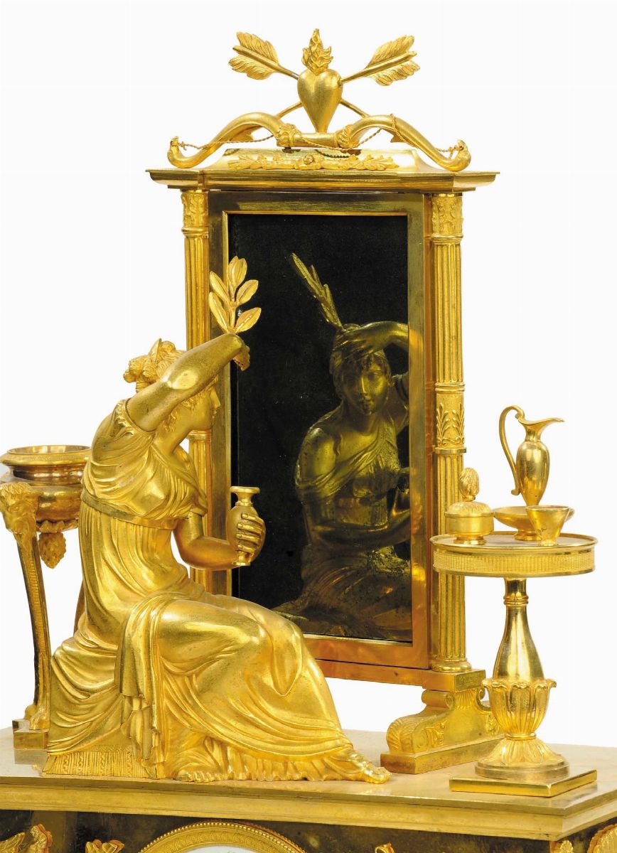 Orologio Direttorio in Bronzo Dorato con Toeletta di Psiche con Base in Verde Antico, Francia Ini...