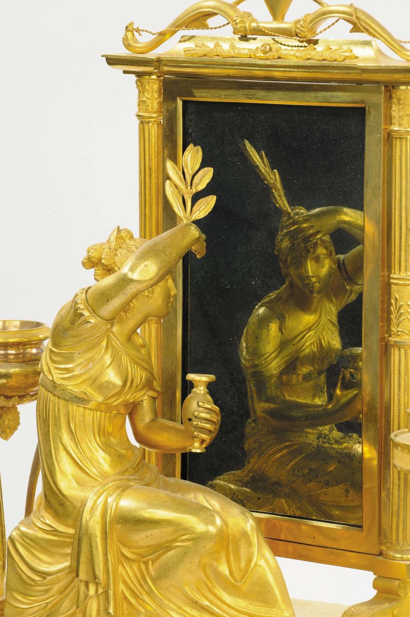 Orologio Direttorio in Bronzo Dorato con Toeletta di Psiche con Base in Verde Antico, Francia Ini...