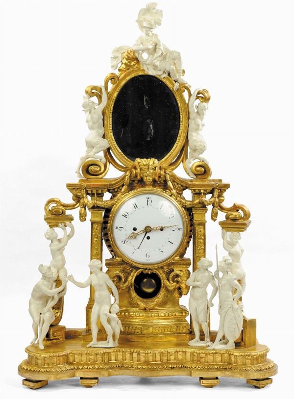 Orologio in legno intagliato e laccato raffigurante il mito del pomo dellla discordia, Austria 1780  [..]