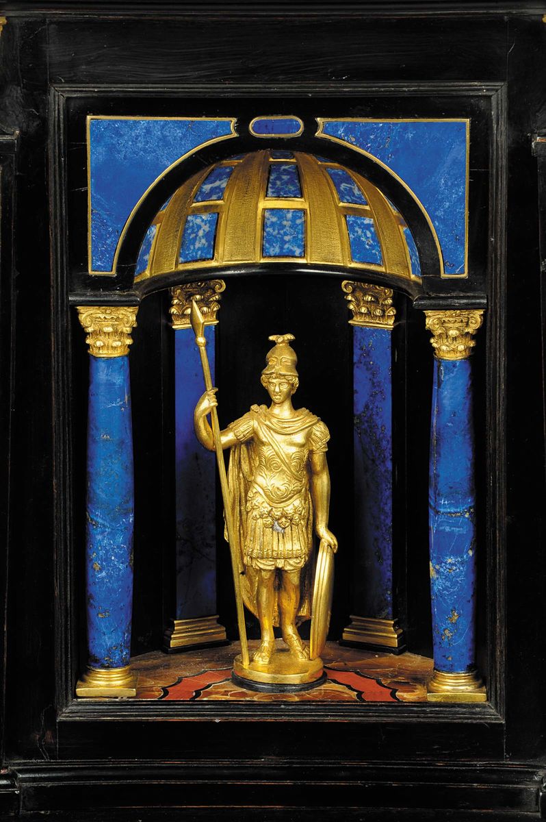 Eccezionale Orologio Romano di Bronzo Dorato, Marmi e Pietre Semi Dure, XVIII Secolo.
