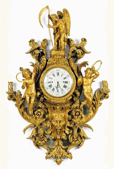 Straordinario Orologio Cartel da Parete in Legno Intagliato con Putti, Austria 1850 Circa