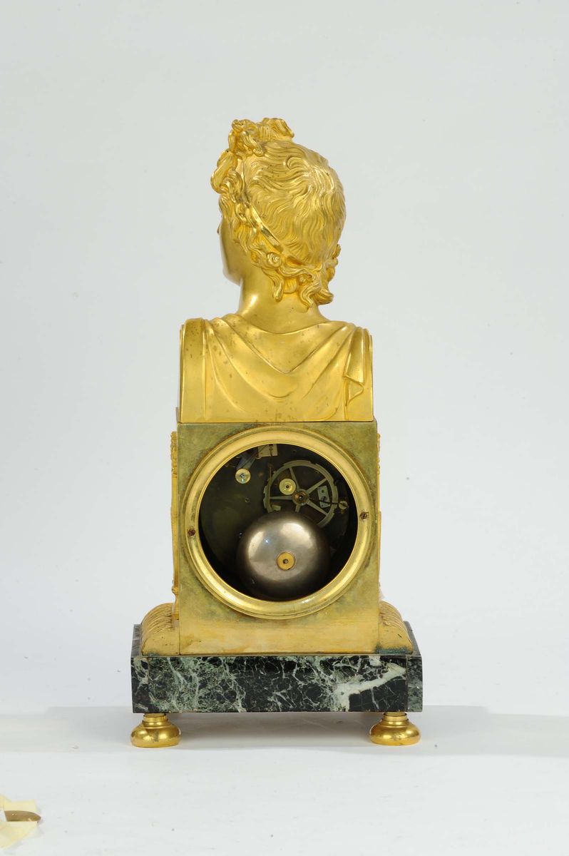 Pendola in Bronzo Dorato con Base in Marmo Raffigurante Busto Dell’apollo del Belvedere, Francia,...