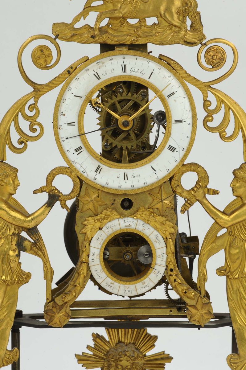 Pendola Impero Scheletrata in Bronzo Dorato Raffigurante Due Figure Femminili Alate, XIX Secolo