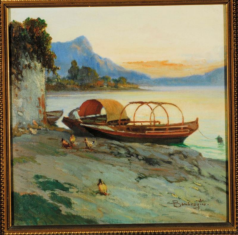 Cesare Bentivoglio (1868-1952) Paesaggio lacustre  - Asta Dipinti del XIX e XX secolo - II - Cambi Casa d'Aste