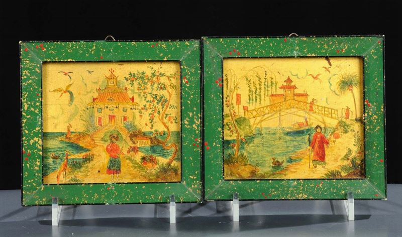 Coppia di dipinti fondoro a cineserie  - Asta Antiquariato e Dipinti Antichi - Cambi Casa d'Aste