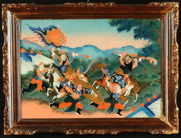 Dipinto su vetro raffigurante battaglia con cavalieri, Cina