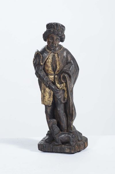Scultura in Legno Intagliato Raffigurante San Rocco, XVII Secolo