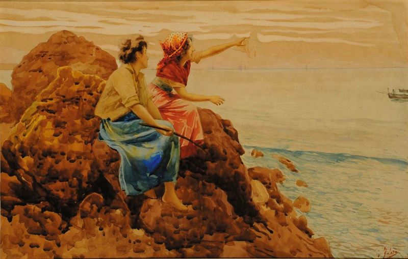 Giambattista Filosa (1850-1935) Fanciulle sedute sulle rocce  - Asta Dipinti del XIX e XX secolo - II - Cambi Casa d'Aste